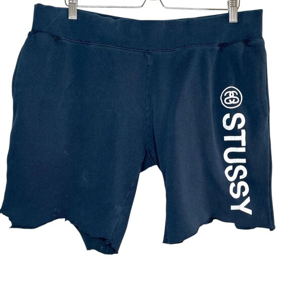 Stussy Mens Navy Blue Distressed Cotton Logo Shorts XL - Picture 1 of 14